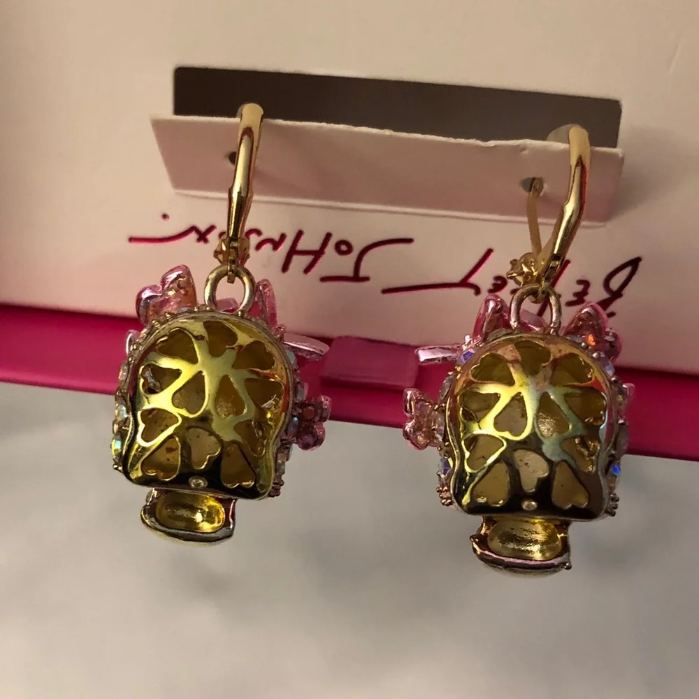 Betsey Johnson Gold Tone Sugar Skull Drop Earrings Butterfly Crystal Accents NIB